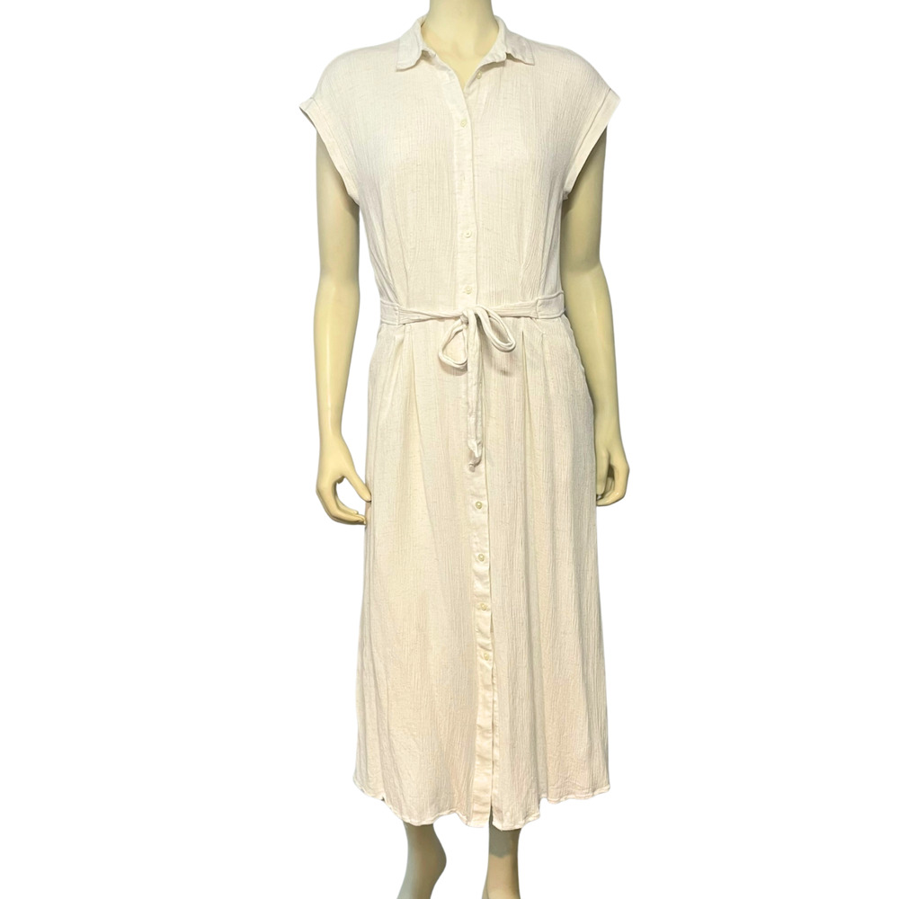 Loft Sz 8 Belted Midi Shirtdress Cap Sleeves Neutral Beige Crinkle Rayon Cottage